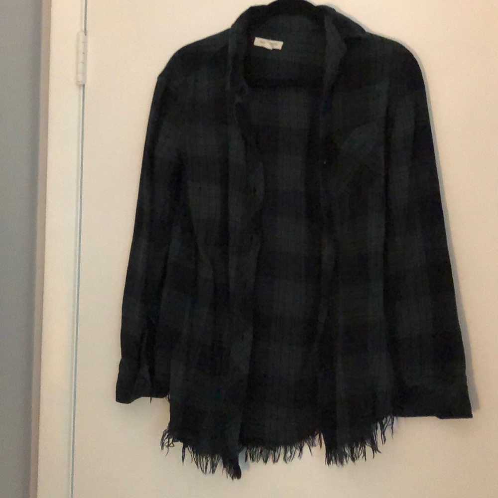 Green Plaid Fringed Bottom Button Down